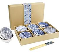 Green Globe 6 Pcs Ceramic Rice Party Bowls 10 oz | Dinnerware Gift Set for Cereal Soup Dessert Snack Fruit Salsa Ice Cream with Chopsticks (Geometric Pattern)