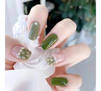 Green Glossy Olive Square-to-Round False Nails Set - 24pcs Artificial Tips with Pearl Accents & Plaid Design, Pre-Designed Acrylic Nail Art for Elegant Everyday Wear & Special Occasions for Women