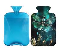 Green Glowing Dragonfly Hot Water Bottle with Cover, Animal Flower 2L Hot Water Bag for Pain Relief, Neck and Shoulder, Hand Feet Warmer