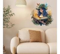 Green Goddess with Magical Book Wall Sticker, Self-Adhesive PVC Wall Decal, Fantasy Wall Art for Bedroom Study, Enchanting Decor with Flowers and Butterflies, 30x30 cm