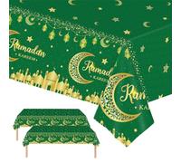Green Gold Eid Mubarak Tablecloths 137*274cm Ramadan Mubarak Table Cover,2pcs Moon&Star Rectangular Plastic Disposable Tablecover for Ramadan Umrah Mubarak Islam Muslim Home Room Dinning Table Decor