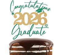 Green & Gold Glitter Congratulations 2026 Graduate Cake Topper, Congrats 2026 Grad Decorations, 2026 Senior High School College University Graduation Party Decorations Supplies