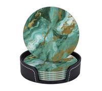 Green Gold Marble Coasters Set of 6 for Drinks Absorbent Leather Coaster with Holder Round Cup Mat for Table Protection Coffee Table Mats for Home Decor House Warming Gifts