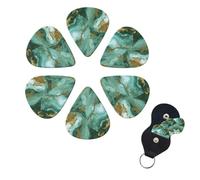 Green Gold Marble Guitar Picks 6 Pack, 0.46mm Thickness Celluloid Bass Pick with Leather Guitar Pick Holder Keychain Abstract Art Pics Plectrum for Acoustic Electric Guitar, Ukulele, Bass