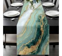 Green Gold Marble Table Runner 16x72 Inches Long Luxury Gorgeous Ocean Abstract Cotton Linen Table Runner Burlap Style for Dinner Table Party Decor Tabletop Decorations