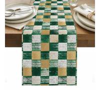 Green Gold Mosaic Table Runner 13 x 90 Inch, Rustic Abstract Checkerboard Grids Washable Cotton Linen Dining Table Runner Tabletop Decorations for Restaurant Home Kitchen Party