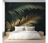 Green Gold Palm Leaves Wallpaper, Tropical Modern Palm Leaf Wall Mural for Living Room, Non-Woven Wall Paper for Bedroom 300X210cm, Photo Wallpaper Home Decor EL&D44