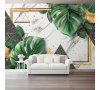 Green Gold Wallpaper, 3D Monstera Leaves Marble Pattern Border Print Wall Mural, 3D Wall Mural Decoration Poster Design, Canvas Material for Living Room Bedroom Nursery Action 250 x 175 cm (W x H)