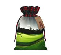 Green Golf Course print Color-blocked linen drawstring gift bag, gift bag, candy bag, storage bag