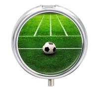 Green Grass Field Soccer Playground The Ball Pill Box Medicine Pill Organizer 3 Compartment Daily Pill Case Small Pill Container Round Pill Holder Travel Pill Box Metal Pill Case for Purse Pocket