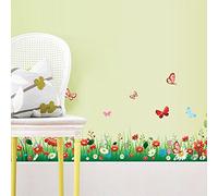 Green Grass Meadow Wall Art Stickers with Colourful Flowers & Butterflies Removable DIY Vinyl Wall Decal Multicoloured Decorative Mural for Living Room, Children’s Bedroom, Baseboard