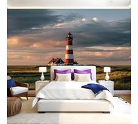 Green Grass Mural Wallpaper Sunset Red Lighthouse Non-Woven Art Print 390 x 260cm Wall Murals Poster Picture Design Modern Decoration for Bedrooms Living Room Children Nursery
