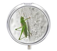Green Grasshopper Image Pill Box Cute Round Pill Box 3 Compartment Decorative Pocket Purse Portable Mini Travel Medicine Tablet Vitamin Fish Oil Holder Organizer Pill Case