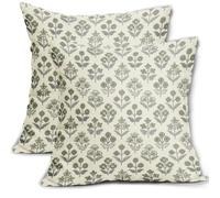 Green Grey Gray Floral Block Print Pillow Covers 20x20 Inch Set of 2, Vintage Flower Pattern Decorative Throw Pillowcases Outdoor Farmhouse Cushion Covers Spring Summer Rustic Sofa Couch Bed Decor