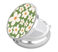 Green Groovy Flower Pill Case, Pill Box 3 Compartments Metal Small Pill Holder with Mirror Mini Travel Pill Container for Purse Pocket Women Men