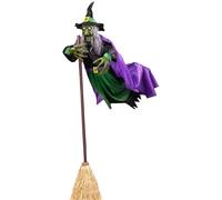 (Green) Halloween Flying Witch on Broom Decor with Luminous Eyes Animatronic Flying Witch Outdoor Hovering Witch for Garden Yard Lawn