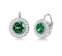Green Halo Earrings 925 Sterling Silver Classic Round Cut Leverback Earrings with Emerald Green May Birthstone Crystal from Austria, Birthday Jewelry Gifts for Women