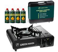 GREEN HAVEN Black Portable Camping Stove with Cary Case & 4 Butane Gas - Premium Camping Gas Stove, EN417 Compliant, Portable with Automatic Ignition