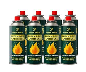 Green Haven Butane Gas Canisters 8 Pack - EN417 Non-threaded Camping Cylinders for BBQs & Stoves, Reliable Propane Refill, Long-Lasting & Safe for Outdoor Cooking, Camping, Festivals, or Picnics