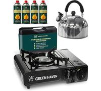 GREEN HAVEN Camping Stove Bundle - Portable Gas Stove, Camping Kettle & 4 Butane Gas Canisters | 2100W Gas Cooker with Carry Case | EN417 | Camping Gas Stove with Auto-Ignition, Adjustable Flame