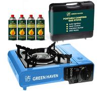 Green Haven Camping Stove Gas Portable | Carry Case, 4 Canisters & Piezo | EN417 COMPLIANT: 2100W · adjustable heat · hiking hob · butane · tabletop cooker · backpacking · windproof