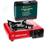 Green Haven Camping Stove Gas Portable | Carry Case & Auto Ignition, Red | EN417 COMPLIANT: heat control · backpacking · hiking · outdoor cooking · butane compatible · travel cooker · picnic