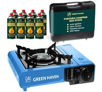 GREEN HAVEN Portable Camping Gas Stove with Carry Case & 4 Butane Gas Canisters - 2100W Table Top Cooker with Piezo Ignition, Adjustable Heat Control & EN417 Compliance
