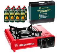 GREEN HAVEN Portable Camping Gas Stove with Carry Case & 4 Butane Gas Canisters - 2100W Table Top Cooker with Piezo Ignition, Adjustable Heat Control & EN417 Compliance