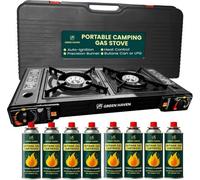 Green Haven Portable Double Burner Camping Stove Outdoor Cooker Auto Ignition Includes Eight Gas Cartridges En417 Compliant