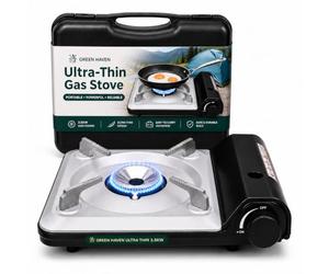 Green Haven Portable Stove | Camping Gas Cooker - Single Burner Tabletop | ULTRA SLIM DESIGN: butane · piezo ignition · indoor use · lightweight · heat control · windproof · tailgating