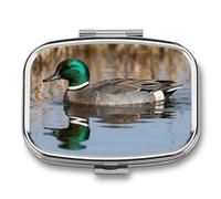 Green-Headed Duck Water pilldispenser with Mirror 2 Compartments Waterproof PillCase for Purse Pocket Non-Slip Grip Travel Medicine Organizer Container Box for Vitamin Fish Oil Supplement