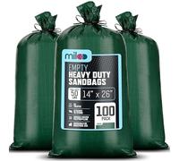 Green Heavy Duty Sand Bags for Flooding - 50 lb Empty 100 Pack of Sandbags with Tie Strings for Flood Control - 1600 Hours of UV Protection Woven Polypropylene Bags - 14 x 26 Inches
