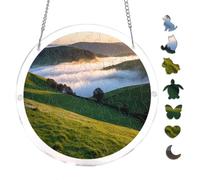 Green Hills Dawn Clouds Landscape Acrylic Round Puzzle 7.8x7.8Inch Wall Art | Creative Home Accent with Visual Appeal