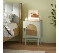 (Green) HOMCOM Boho Bedside Table with Rattan Door and Adjustable Shelf