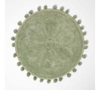 HOMESCAPES Cotton Flower Bath Mat Sage Green Super Absorbent Floral Tufted Round Bathmat with Pom Poms, 60 cm Round