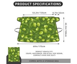 Green Hops And Leaves Pattern, Car Windshield Cover, Protective Windscreen Cover - Snow Ice Sun UV Dust Water Resistant - Fit for Most Cars