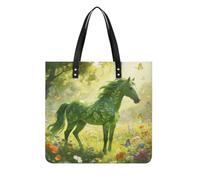 Green Horse Pattern Square PU Leather Tote Bag