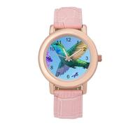 Green Hummingbird Women's Watch Pink Rose Gold Strap Wristwatch Minimalist Easy Reader Watchec
