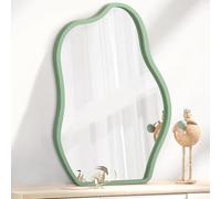 Green Irregular Hanging Wall Mirror Wooden Framed Modern Asymmetrical Mirrors for Wall Artistic Decorative Mirror Wall Decor Mirrors for Bedroom Bathroom Living Room Small 16"x12"