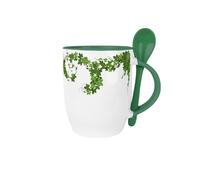 Green Ivy Mug & Spoon Set - Pretty Greenery Garden Gift for Plant Lovers - 300ml Dark Green Ceramic Drinks Cup Present