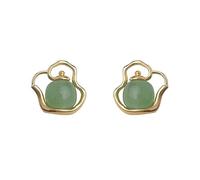 Green Jade Teapot Stud Earrings for Women, Dainty Copper Mini Teapot Hoops, Chinese Vintage Style Jewelry Gifts for Daily & Party