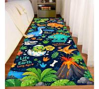 Green Jungle Cute Dinosaur Rug Kids Classroom Learning Play Rug 60x120cm | T-Rex, Triceratops, Brachiosaurus and Volcano Print on Navy; Soft Washable Rug for Dinosaur Play or Reading Nooks.
