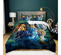 Green Jungle Single Duvet Cover Set Animal tiger and lion Printed Quilt Cover 135x200 cm with 2 Pillowcases Soft Microfiber Lightweight Bedding Set for Kids Girls Boys Teens Room Decor