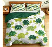 Green King Duvet Cover Set Animals Turtles Geometric Dashed Lines Printed Soft Luxury Bedding Set, Ultrasoft Reversible 100% Microfiber Cartoon Quilt Covers with 2 Pillowcases, 230 x 220 cm