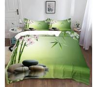 Green King Size Duvet Cover Sets Japanese Spa Pebbles Bedding Soft Breathable Microfiber 3D Quilt Covers 220x230 cm with Zipper Closure and 2 Pillowcases b-2363