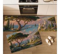 Green Kitchen Rugs and Mats Set of 2 Pieces Classical Landscape Painting Kitchen Decoration Non Slip Absorbent Trees Cities Ocean Kitchen Mat Runner Rug for Sink Hallway Laundry Room 44x75cm+44x150cm