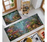 Green Kitchen Rugs Runner Set of 2, Magic Mushroom Forest Anti Fatigue Kitchen Floor Mat for Home Decoration Office Waterproof Non Slip Kitchen Rug Set Comfort Standing Mats, 50x80cm+50x120cm