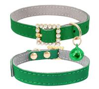 Green Kitten Collar with Bell, Bling Diamond Buckle Soft Cow Leather Cat Collar for XXS XS Small Tiny Girl Dogs Puppies