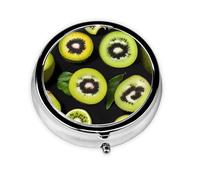 Green Kiwi Round Mini Pill Box: 3-Compartment Portable Metal Pill Organizer with Snap Closure, Ideal for Daily Travel Use