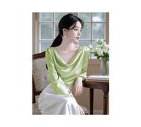 (green, L) Satin Blouse Ladies New Spring Temperament Solid Color Long Sleeve Top Tee Simplicity Pleated Pullover Women's Shirt Tops